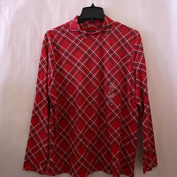 Karen Scott Red Long Sleeve Plaid High Neck Top NWT - Picture 6 of 8